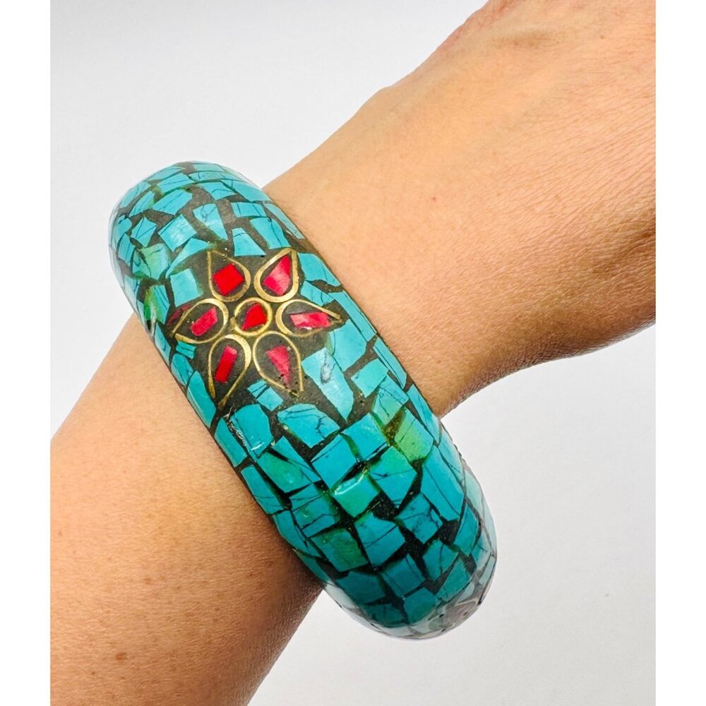 Vintage Turquoise Coral And Bronze Inlay Bangle Bracelet